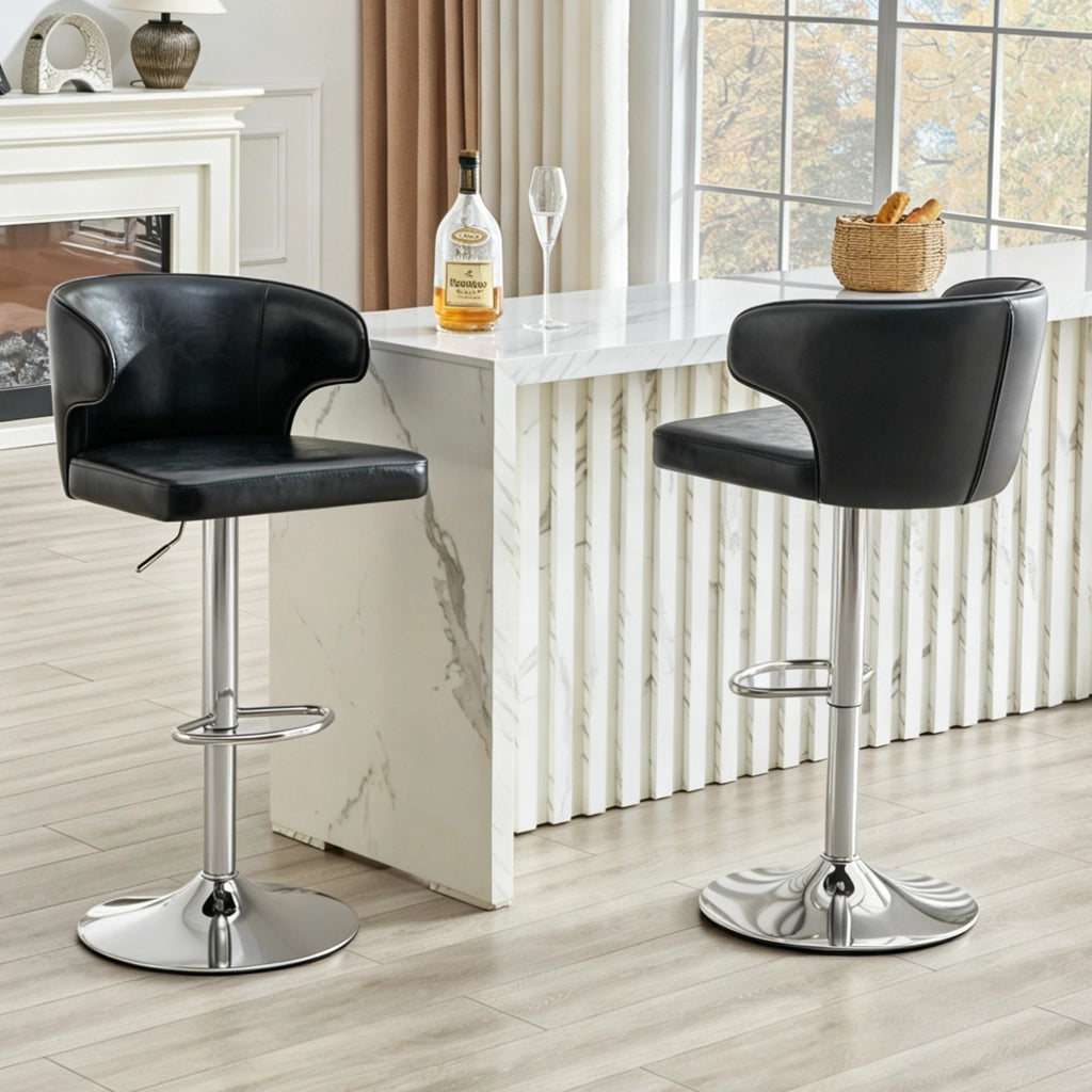 Sgabello da bar girevole con altezza regolabile, schienale ergonomico e poggiapiedi in pu nero 70.5 × 56.0 × 55.5 cm