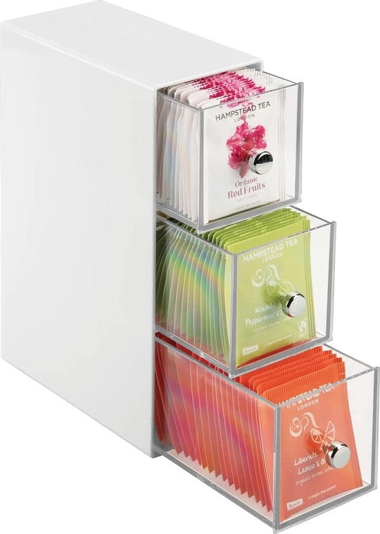 Cassetto di archiviazione con 3 ripiani – box di carico per tisane, capsule di caffè, zuccheri e altro – comodino di plastica – bianco/trasparente