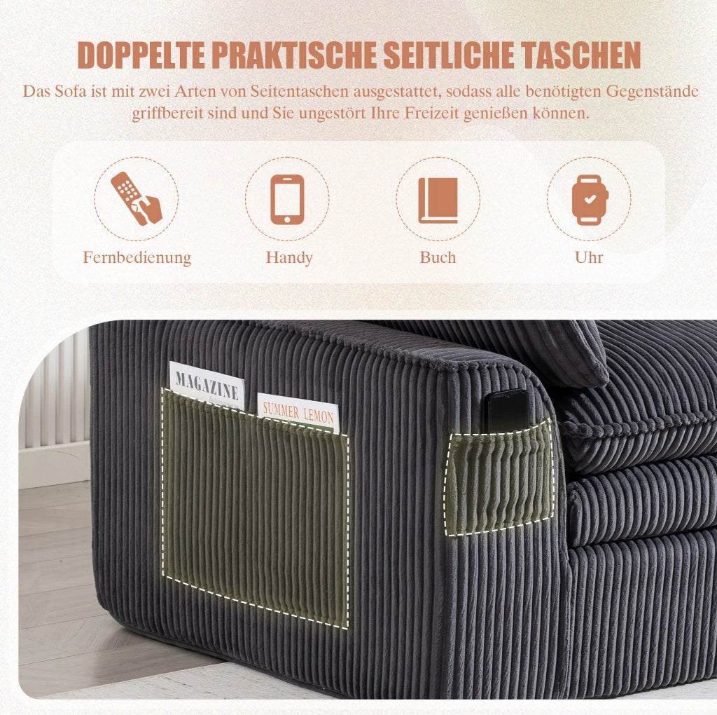 Divano 2 posti in velluto a coste grigio scuro con tasche laterali e cuscini; 191 cm