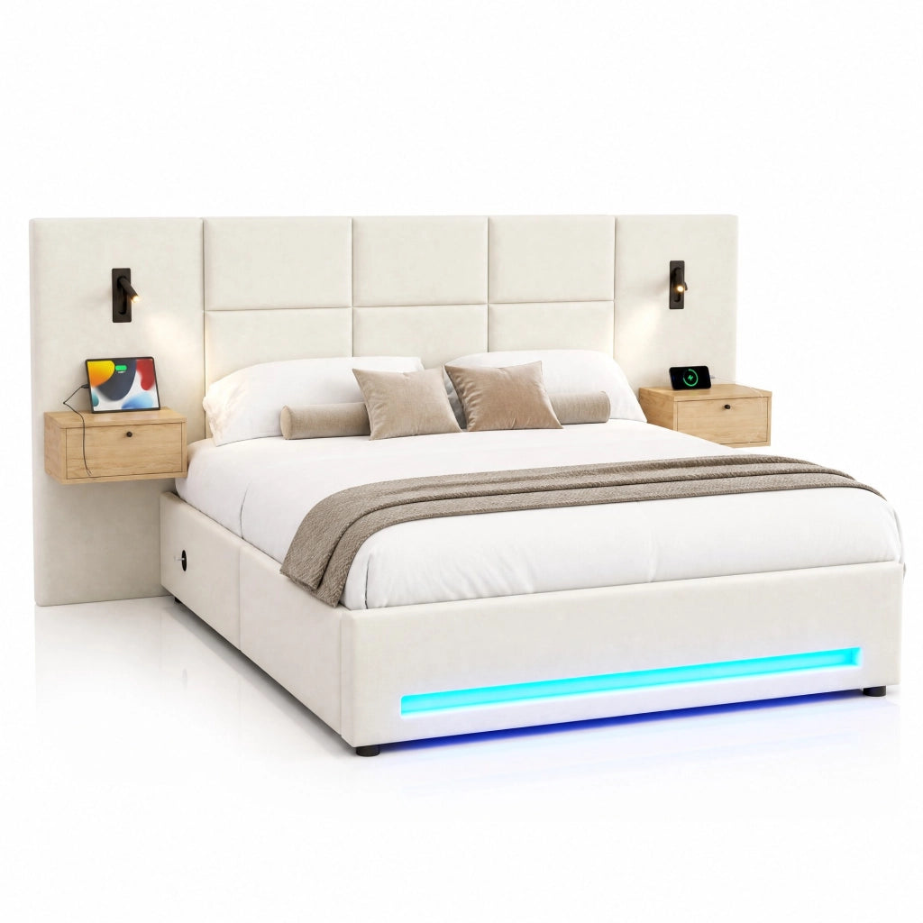 Letto matrimoniale 180x200 cm in velluto beige con LED e USB-C
