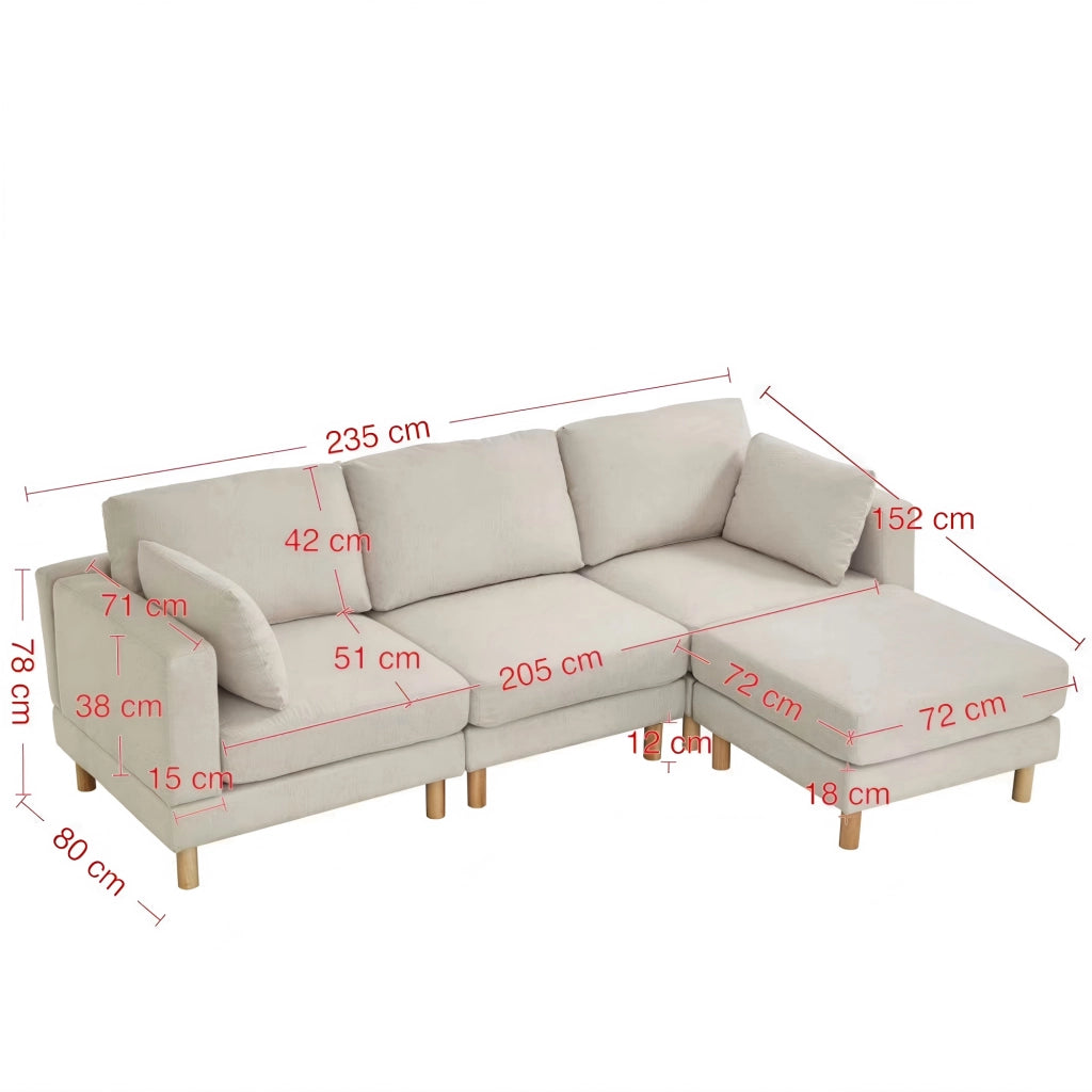 Divano angolare 3 posti con pouf e chaise longue reversibile in poliestere beige e gambe in legno 235 × 152 × 78 cm