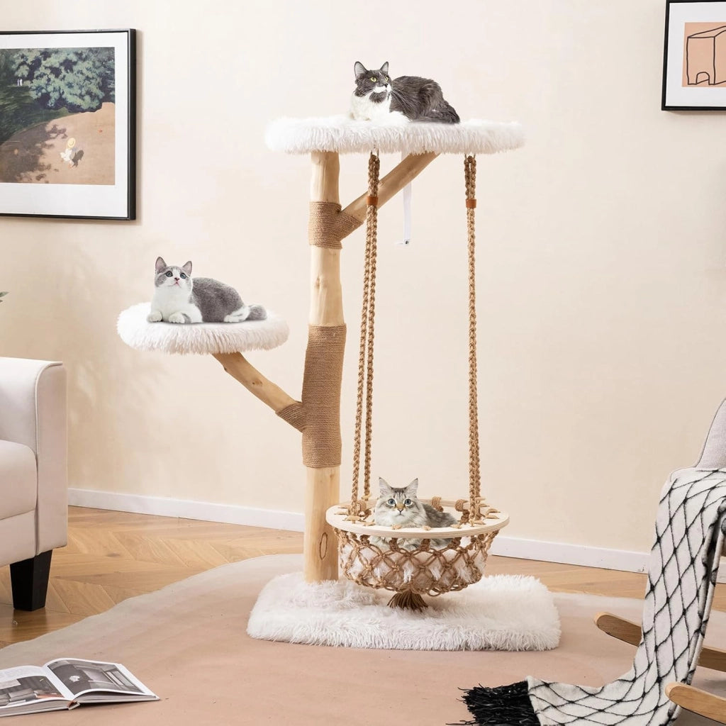 Albero Tiragraffi per Gatti 70 x 50 x 123 cm, Torre per Animali Domestici con Amaca Altalena, Rami di Legno Reale, Pali Tiragraffi di Juta e 2 Posatoi, Giochi per Gatti da Interno