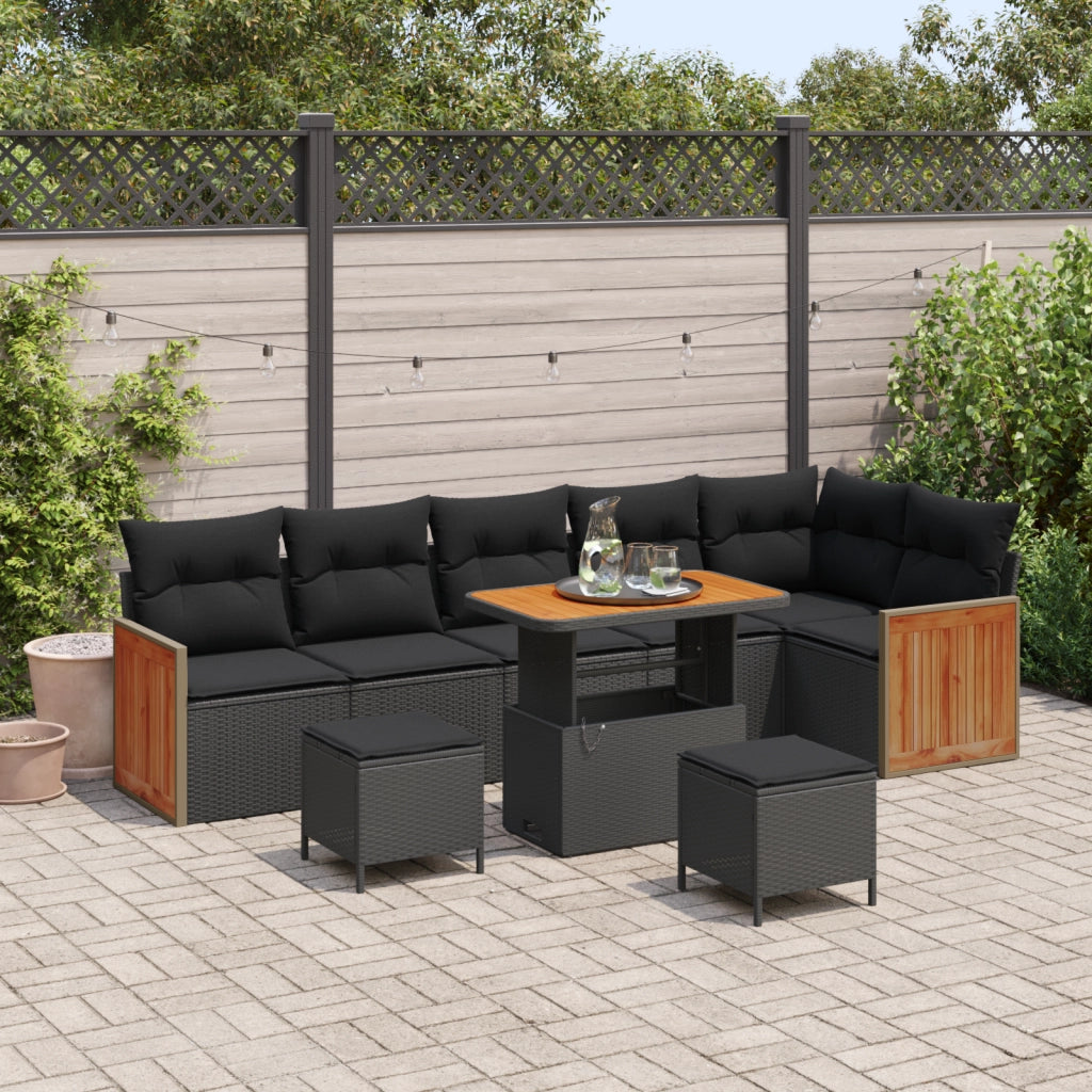 Set di 9 Pezzi Divano da Giardino con Cuscini Rattan Nero Acacia