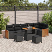 Set di 9 Pezzi Divano da Giardino con Cuscini Rattan Nero Acacia