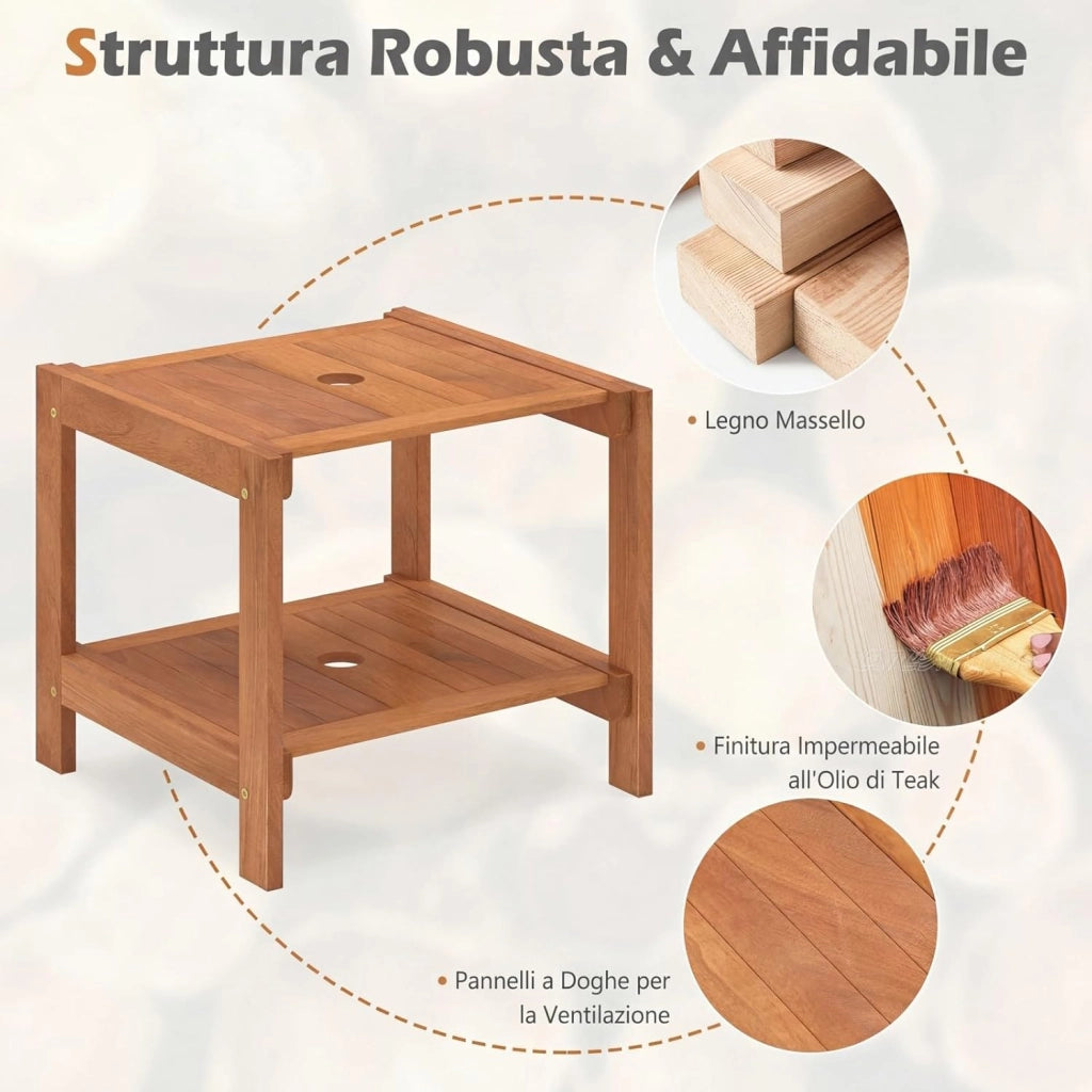 Tavolino da Esterno con Foro per Ombrellone 4 cm, Tavolo da Balcone in Legno Massello, a 2 Ripiani, Salvasapzio, per Giardino, Terrazzo, Cortile, Portata 40 kg, 51 x 48 x 45 cm