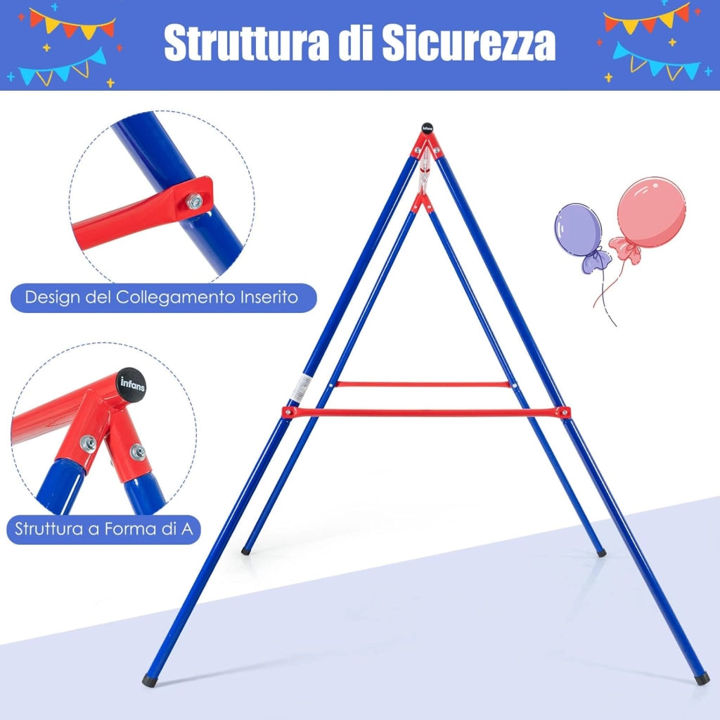 Struttura di Metallo per Altalena, Struttura ad A Resistente per Altalena, con Paletti e 2 Modi per Appenderla, Capacità di Peso 200kg, Ideale per Attività Interne ed Esterne (Blu e Rosso)