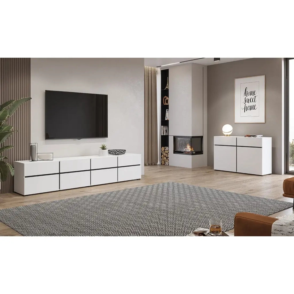 Mobile TV XL colori bianco e nero 225cm collezione HAVANA. Mobile design con 4 porte e 4 cassetti.