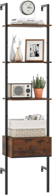 Libreria a Scala a 5 Ripiani con Cassetto in Tessuto, Scaffale da Parete Salvaspazio in Legno, Scaffale Portaoggetti per Soggiorno, Studio e Camera da Letto, 43 x 30 x 178 cm, Marrone