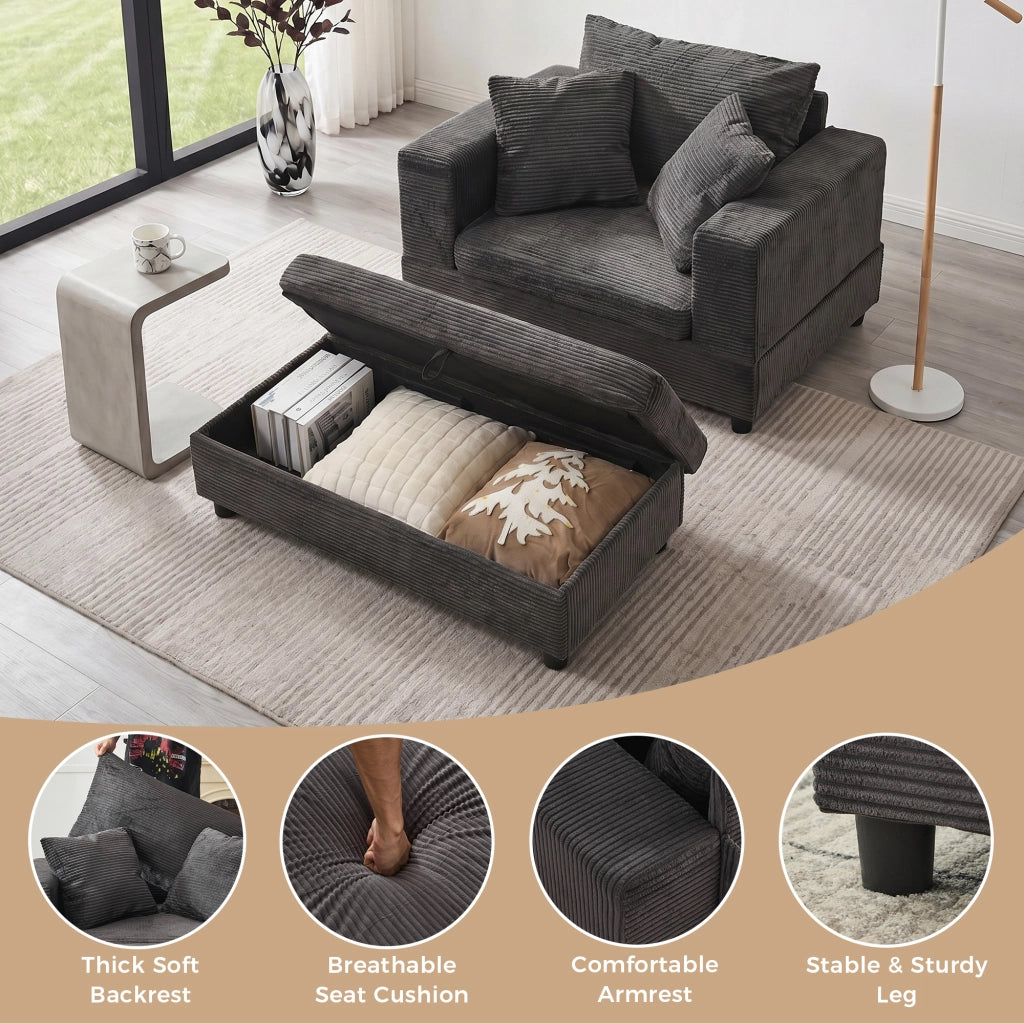 Chaise longue con contenitore e 3 cuscini per soggiorno e camera, in metallo e legno grigio, 107 × 74 × 57 cm