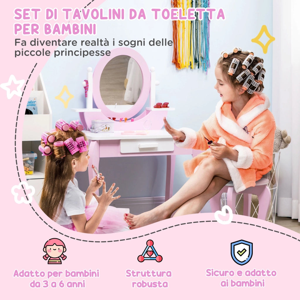 Specchiera Giocattolo per Bambine Tavolo Trucco con Specchio e Sgabello Rosa