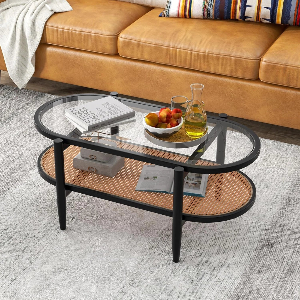Tavolino da Salotto in Legno Massello e Vetro, Tavolino Basso a 2 Piani con Spazio di Archiviazione, Tavolo Ovale Elegante per Soggiorno e Ufficio (Nero)