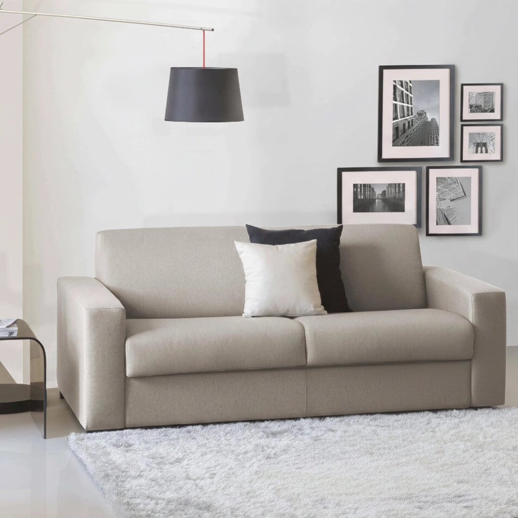 Divano Letto Zinnia, Divano a 3 posti, Made in Italy, SofÒ  Soggiorno con apertura girevole, in tessuto imbottito, con Braccioli slim, cm 200x95h90, Tortora
