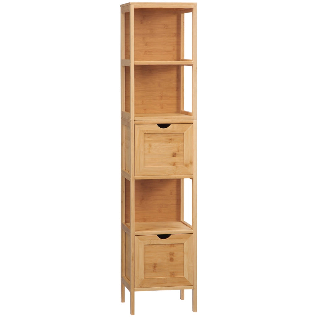 Colonna da bagno in bamb霉 con 3 ripiani e 2 cassetti; 30x30x140 cm