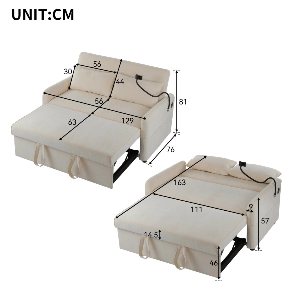 Divano letto 2 posti estraibile con schienale regolabile; USB e porta telefono; beige