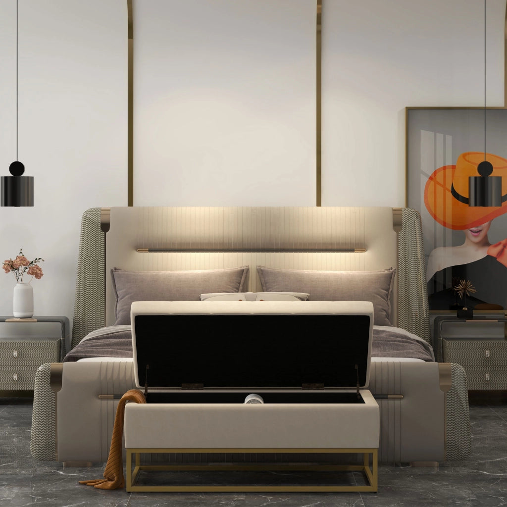 Panca Contenitore Rettangolare 110x44x49 cm con Seduta Imbottita e Gambe in Acciaio Beige