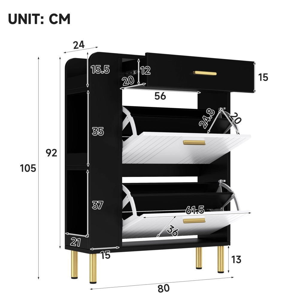 Scarpiera slim con 2 ante a ribalta; 1 cassetto e 3 scomparti aperti; 80x24x105 cm; bianco e nero