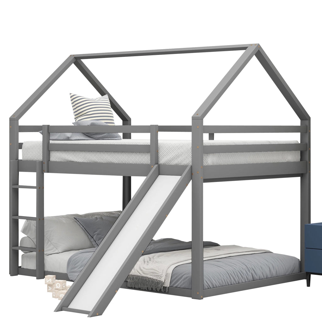 Letto a castello a casetta con scivolo 140x200 cm grigio