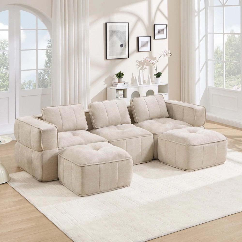 Divano 3 posti modulare con 2 poggiapiedi ¨C Minimal ¨C Beige, tessuto morbido