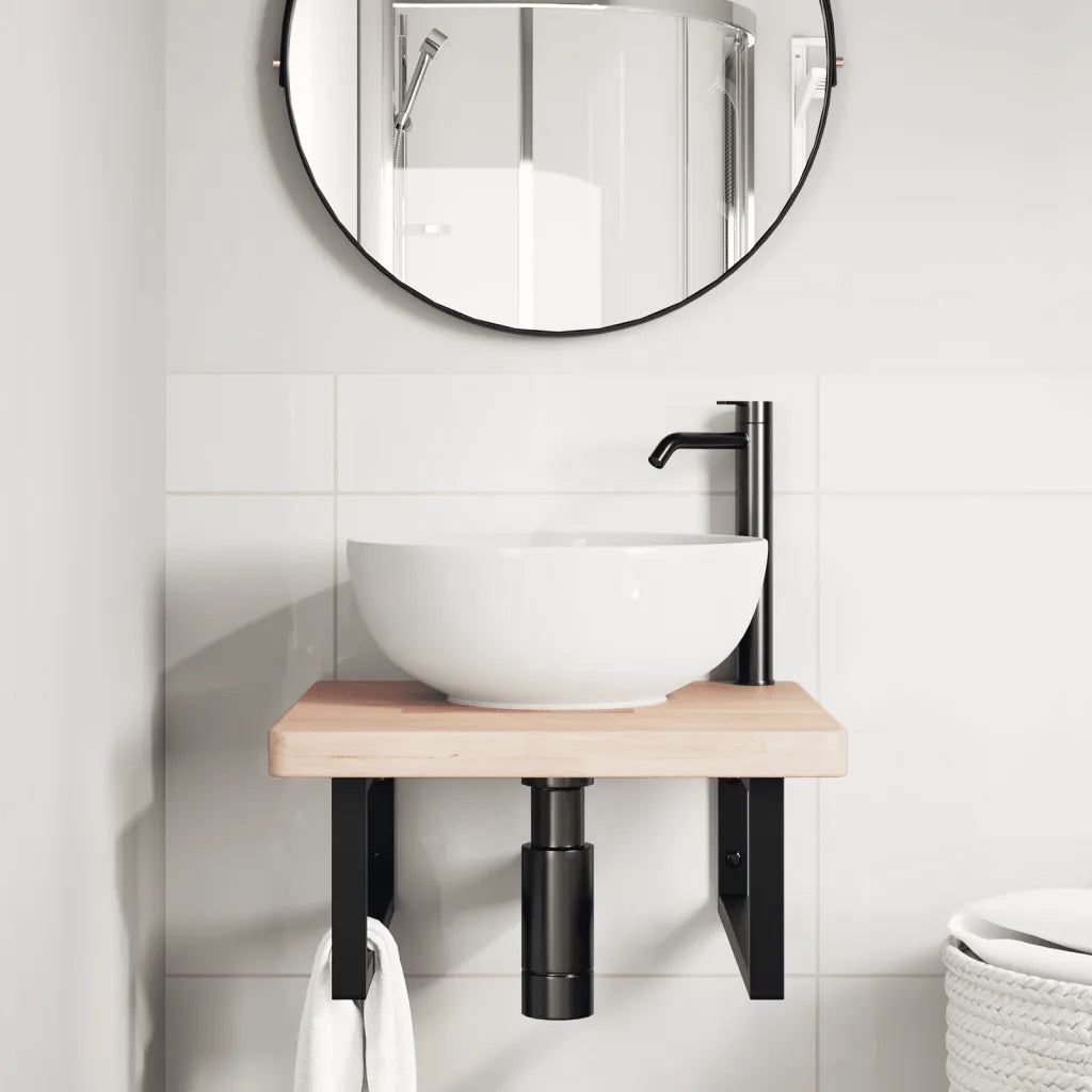 Ripiano a Parete per Lavabo in Acciaio e Massello di Rovere