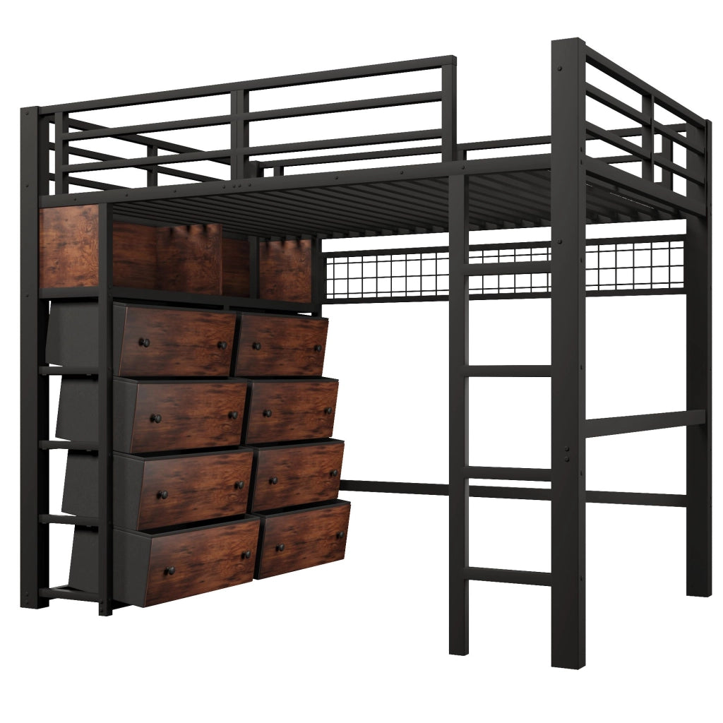 Letto a soppalco 140x200 cm, struttura in metallo, con 8 cassetti, illuminazione a LED, ripiani portaoggetti, nero (senza divano)