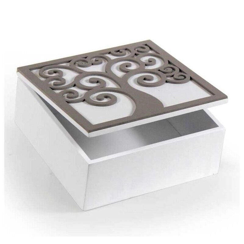 SCATOLA PORTA TÈ IN LEGNO BIANCO 17X17X8 CM CON DESIGN ALBERO VITA
