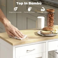 Carrello da Cucina in Bambù con 2 Cassetti, Armadietto, Ripiano e 2 Cestini in Acciaio, 67x35x80 cm, Bianco