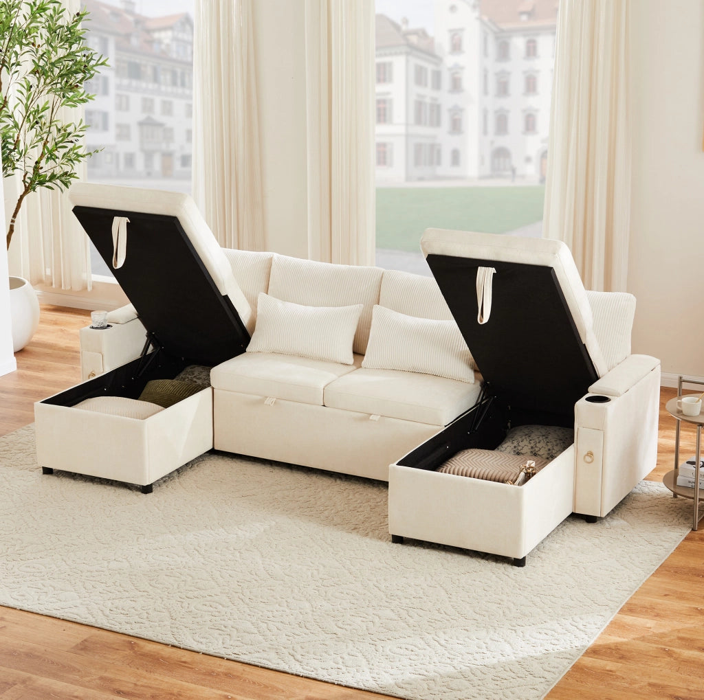 Divano letto modulare a U 4 posti con portabicchieri, contenitore e cuscini, beige, 272x131x84 cm