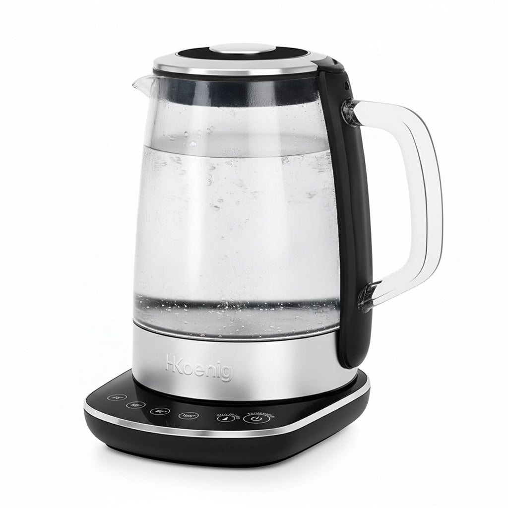 Bollitore elettrico in vetro, 1,5L, regolabile 70-100°C, base girevole a 360°