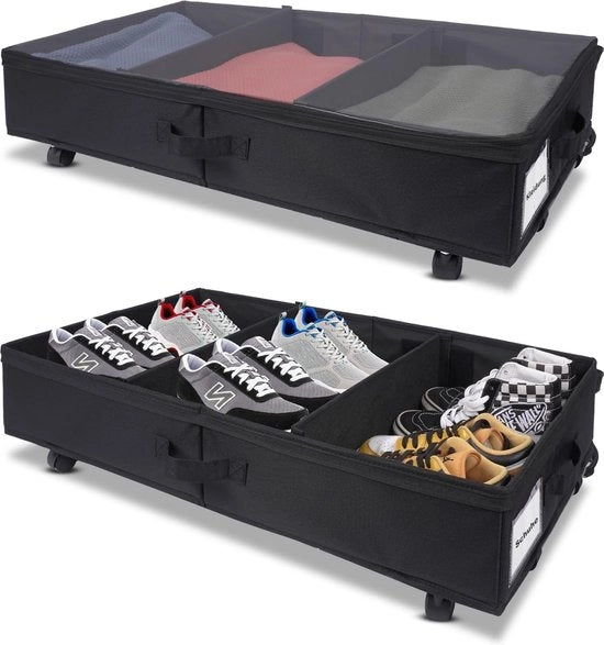 Scatola di archiviazione con ruote, 2 pezzi, commoda da sottoscala con coperchio, cassettone metallico da sottoscala, organizzatore di archiviazione con vetrina trasparente, per coperte, abiti, coperte, scarpe (nero)