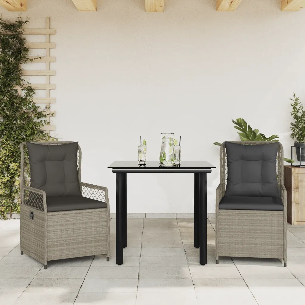 Set Pranzo da Giardino 3pz | Set Salotto da Giardino con Cuscini Grigio Chiaro Polyrattan