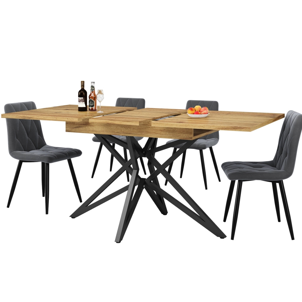 Set da pranzo 120/160x80x66.1 cm allungabile; 4 sedie; MDF effetto noce; velluto grigio scuro