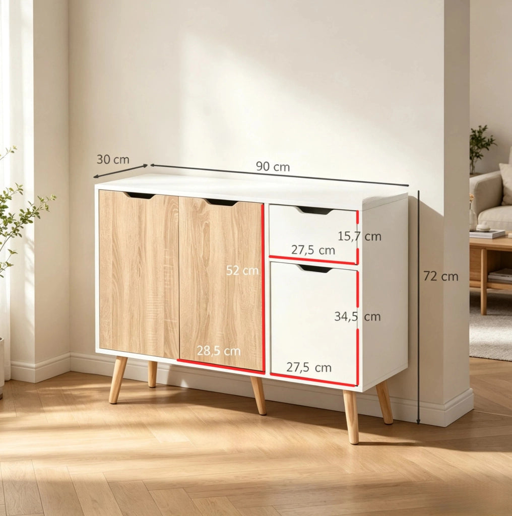 Credenza con 3 ante e cassetto estraibile; 90 x 30 x 72 cm; bianco e rovere chiaro