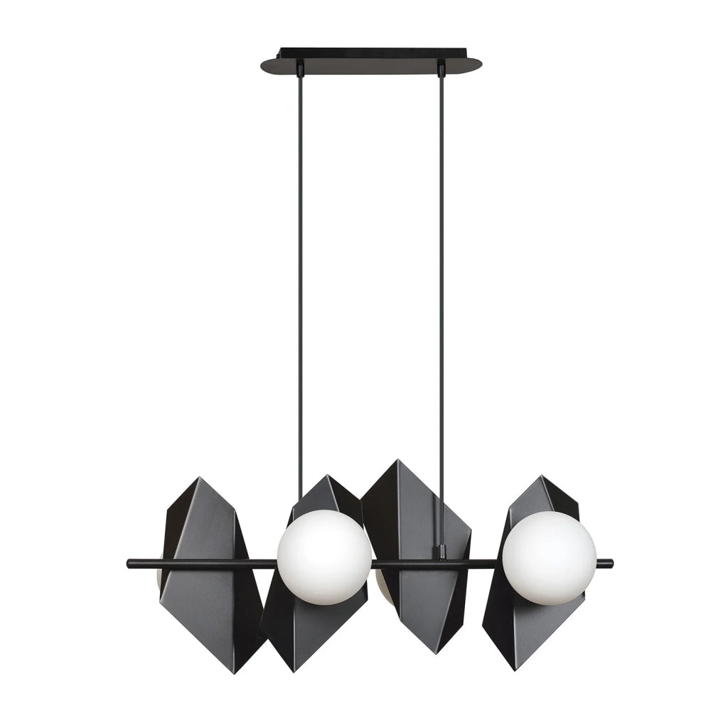 Lampadario 4 Luci Moderno Parvati In Acciaio Nero E Sfere Vetro Opalino