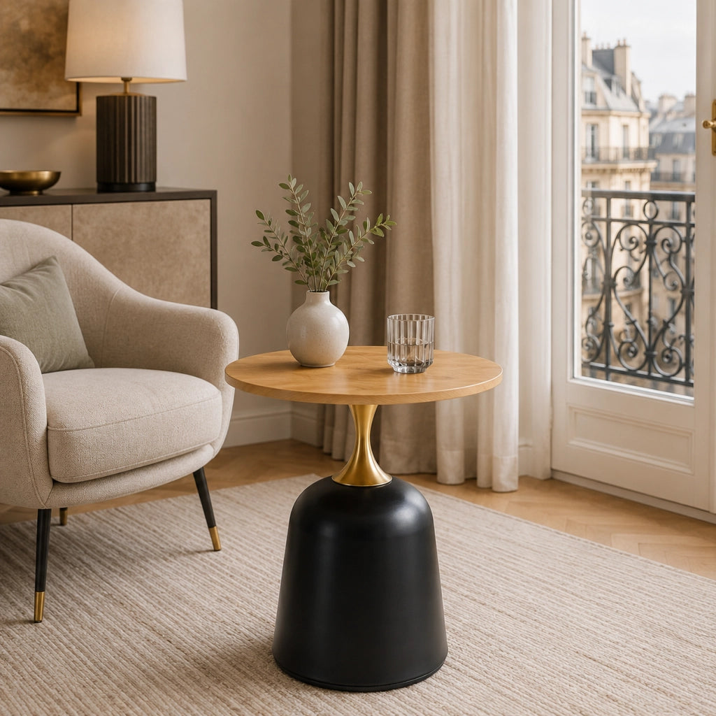Tavolino rotondo con base in metallo appesantita; stile nordico; in melamina color legno; 70 × 69 × 40 cm
