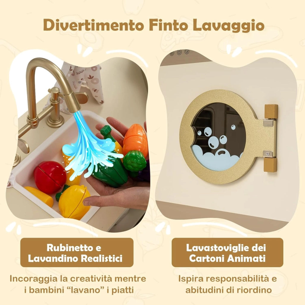 Cucina Giocattolo d'Angolo per Bambini, Cucina Gioco in Legno con Forno, Tostapane, Macchina del Caffè, Frigorifero e 21 Accessori, Gioco Educativo per Bambini 3+ Anni, 146,5 x 54 x 85,5 cm