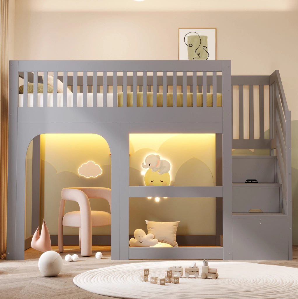 Letto a soppalco per bambini 90x200 cm in legno grigio con scala contenitore e LED