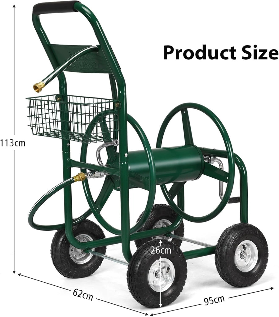Carrello Avvolgitubo da Giardino, Avvolgitubo in Metallo con Cestino e 4 Ruote Pneumatiche, per Tubi da 5/8", Fino 80 Metri, 95 x 62 x 113 cm, Verde