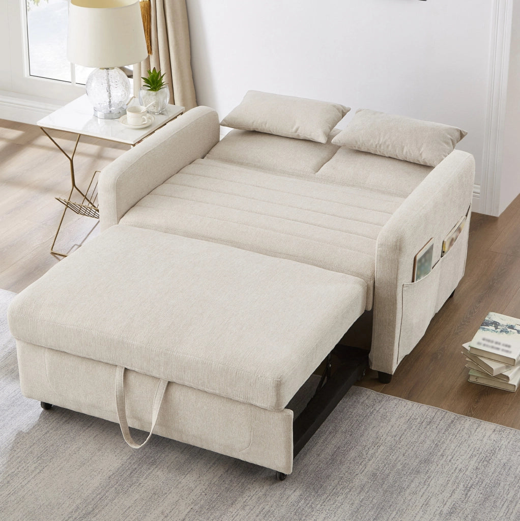 Divano letto 166x95 cm estraibile con schienale regolabile a 3 posizioni in schiuma e tessuto cotone-lino beige