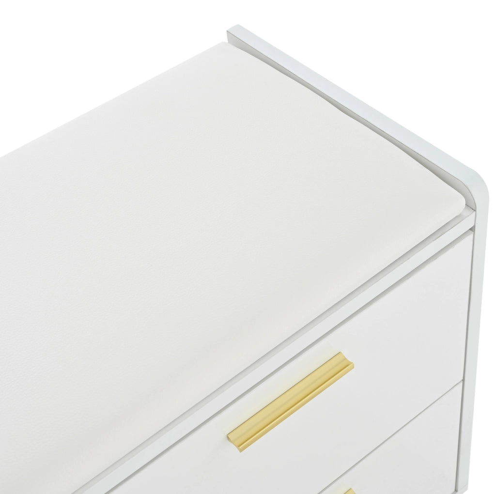 Scarpiera 128x30x68 cm con 2 cassetti; 1 anta e seduta imbottita in truciolato bianco