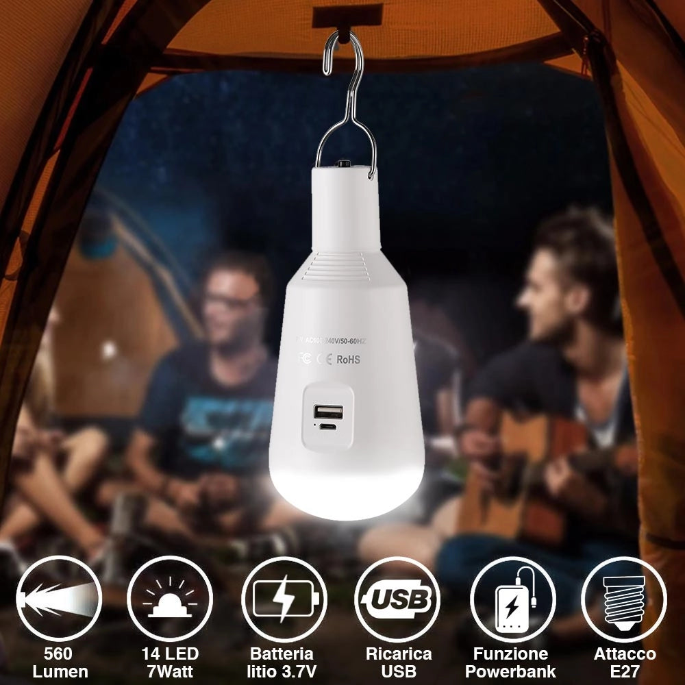 Lampadina a Batteria USB E27 Luce Led Lampada Emergenza Campeggio con Powerbank
