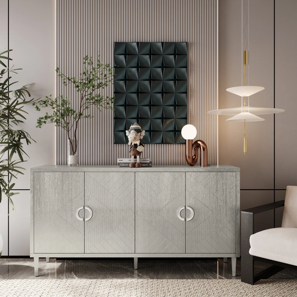 OKWISH Mobile Contenitore Contemporaneo con 4 Ante e Gambe in Pino, per Soggiorno Camera Cucina, MDF, 152 x 40 x 82.5 cm