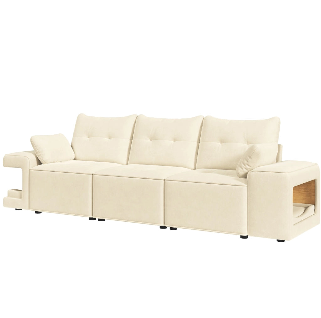 Divano modulare 3 posti beige in velluto con vani contenitore e nicchie imbottite per animali