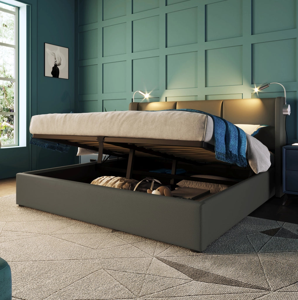 Letto contenitore 160x200 cm grigio in PU con luce LED e USB