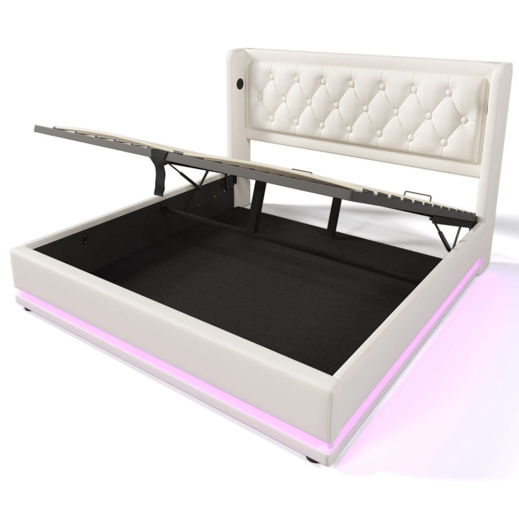 Letto matrimoniale contenitore 160x200 cm in PU bianco con LED; testiera imbottita e USB Tipo-C