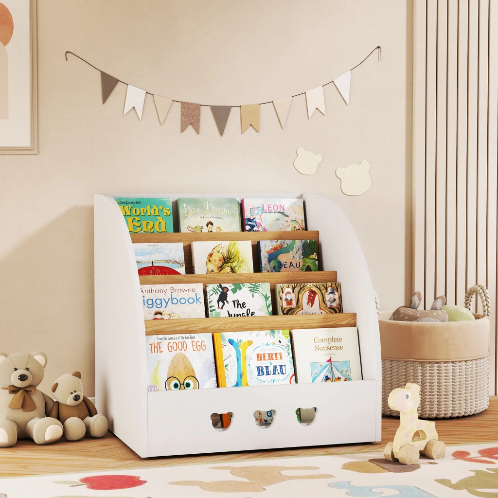 Scaffale per Bambini 4 Ripiani ¨C Zephmum ¨C Bianco e Naturale 60x53x60