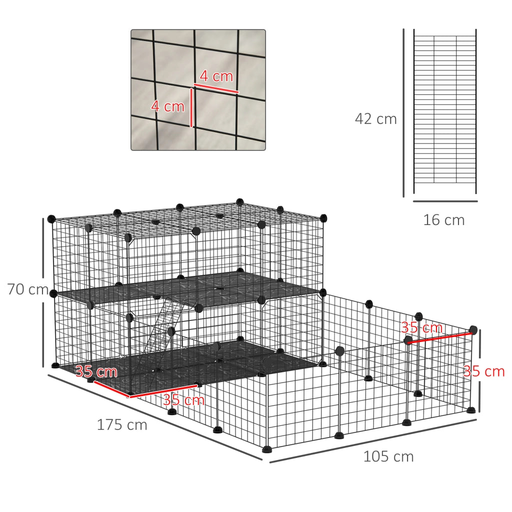 Recinto per Conigli Modulabile in Metallo con Scaletta e Accessori Montaggio, 175x105x70cm - Nero