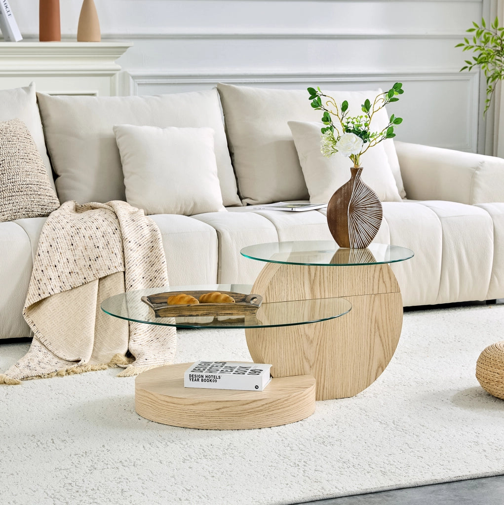 Tavolino da salotto 78.99x78.51x24.51 cm con ripiani multilivello in MDF e vetro; naturale