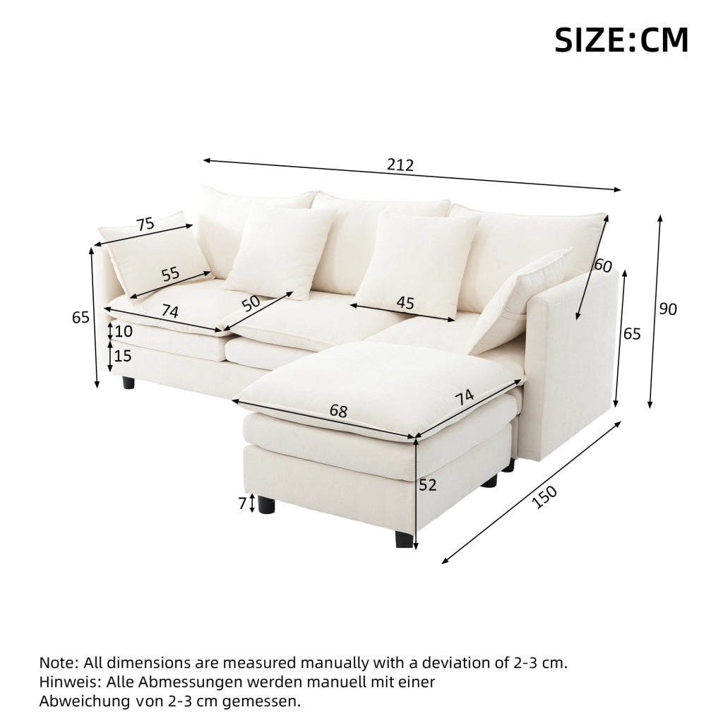 Divano angolare a L con chaise longue mobile, 3 posti, in tessuto chenille beige, 212¡Á150¡Á90 cm