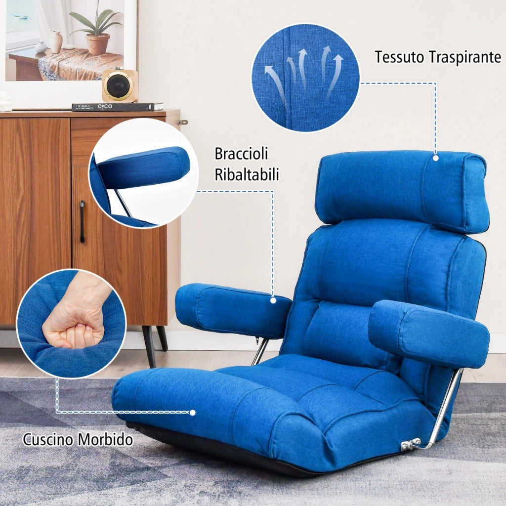 Divano da terra regolabile a 6 posizioni pieghevole, Sedia ergonomica da pavimento con schienale regolabile Blu-Divani da terra