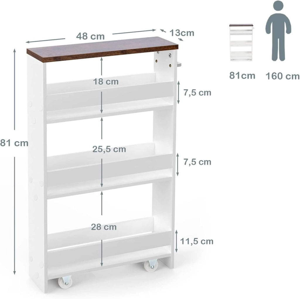 Carrello Portaoggetti da Cucina, Scaffale con Maniglia Laterale e Ruote, Carrello Salvaspazio con 3 Scaffali Stretti, 48x12,5x81 cm